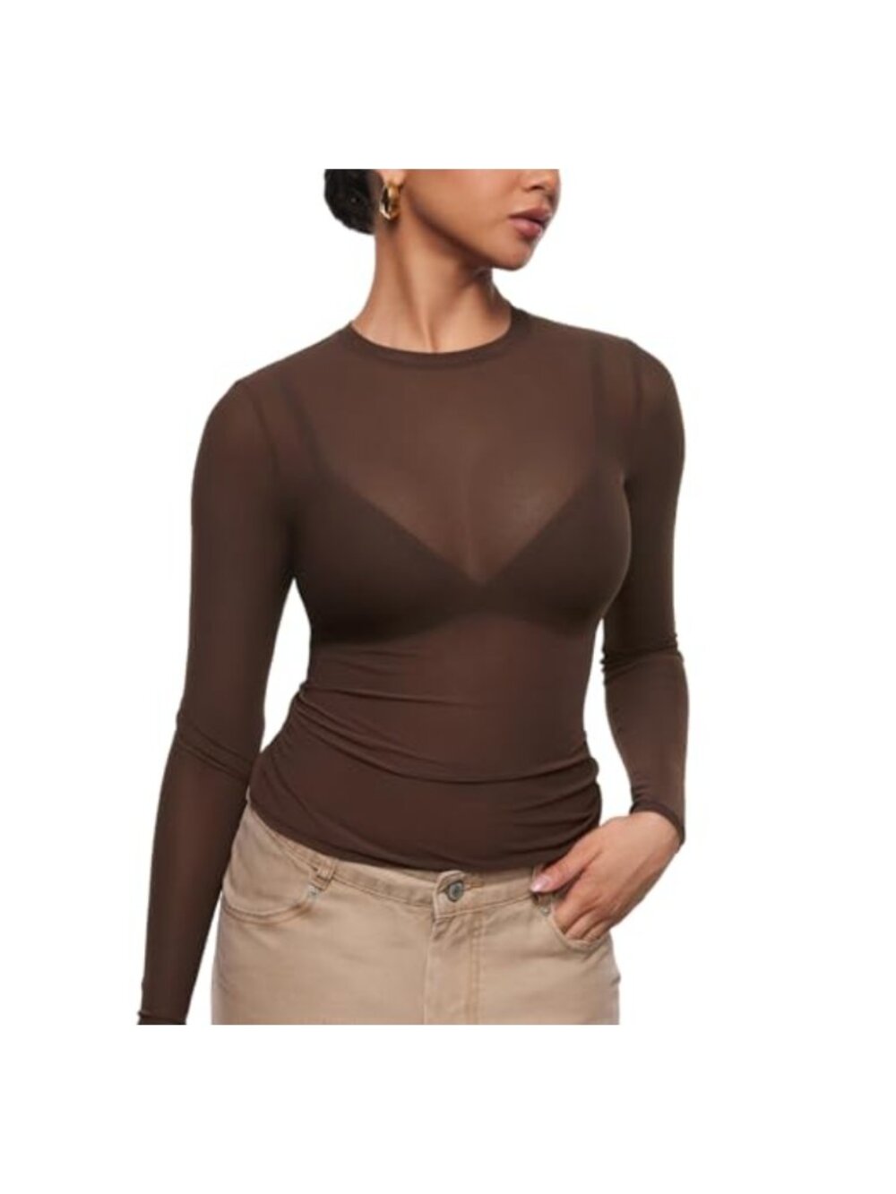 Women's Sheer Mesh Long Sleeve Fitted Crew Neck Top